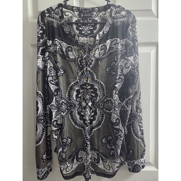 INC International Concepts Green LACE-UP MESH PRINT Sheer Blouse Shirt Top XXL - Picture 3 of 9